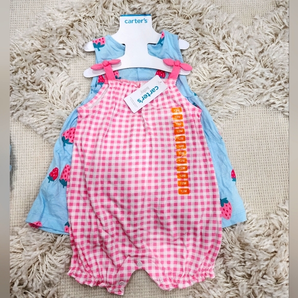 Carter's Other - 💜 Carter's 2 outfits, strawberry print, and pink gingham 9m or 12m